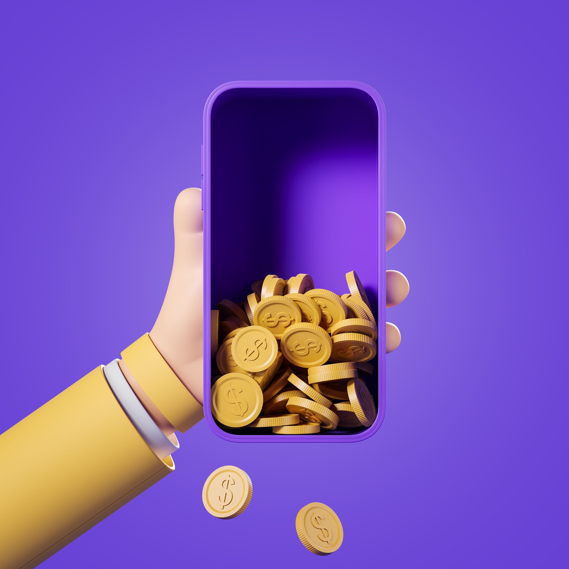 Cartoon hand with smartphone and cash falling, cashback