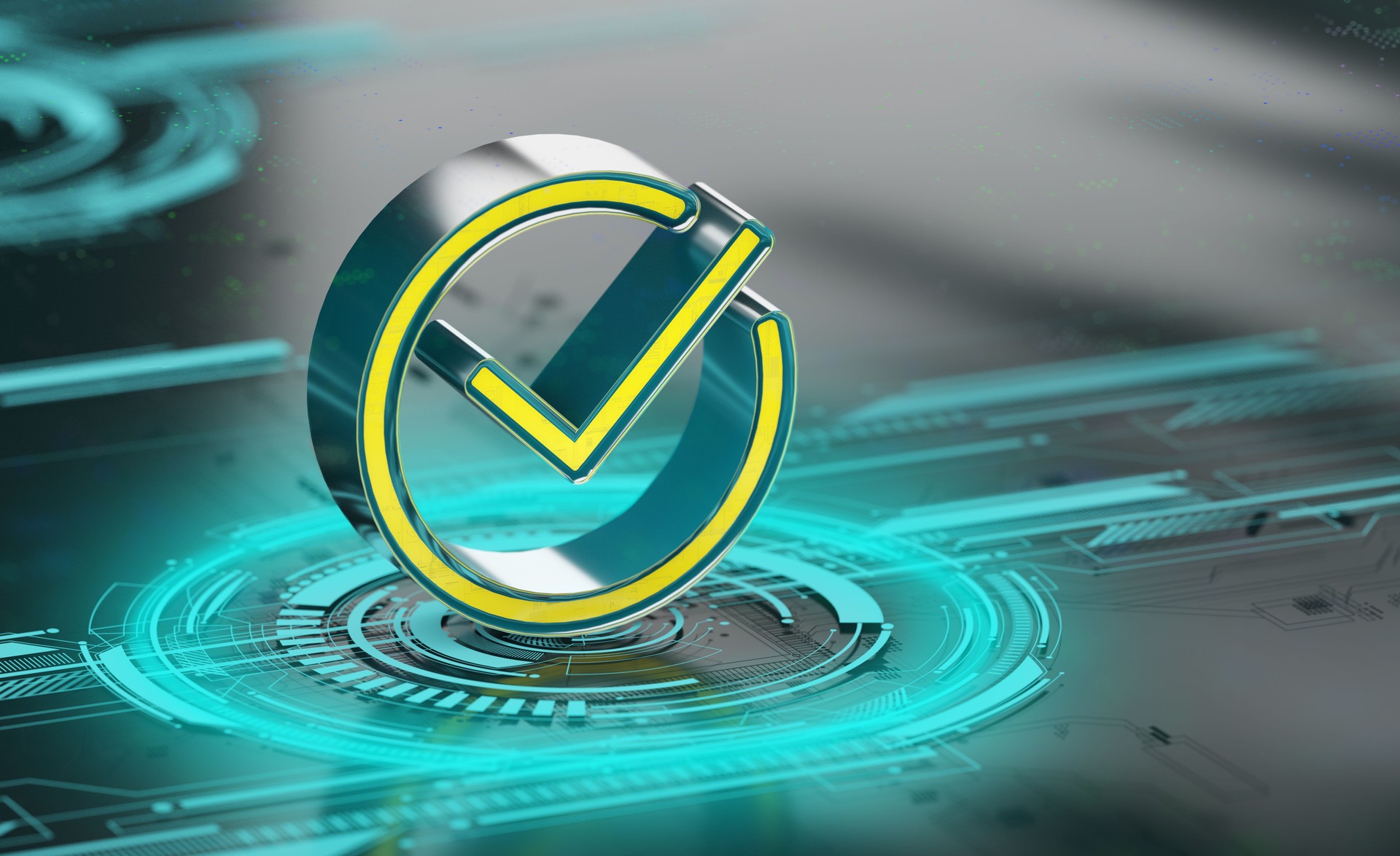 Check mark icon on abstract futuristic circle circuit board background